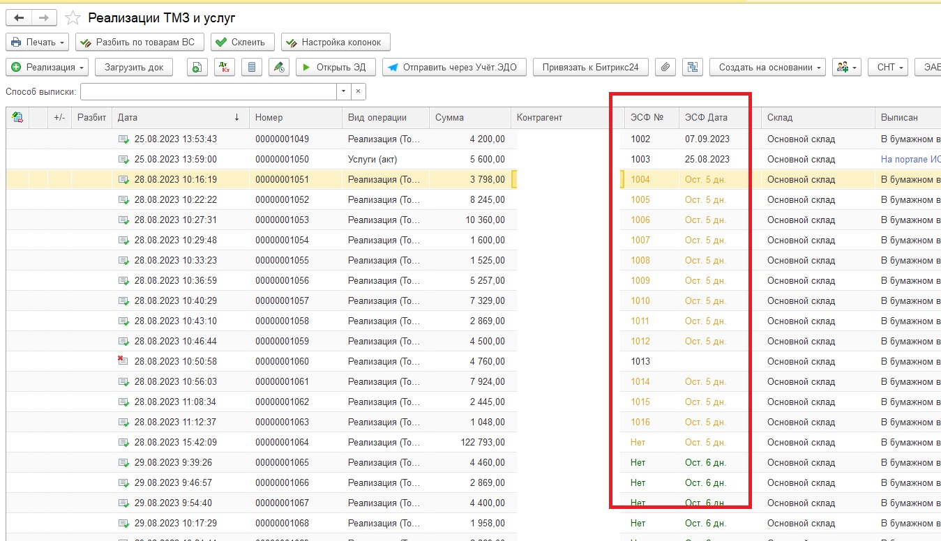 Контроль выписки ЭСФ и СНТ